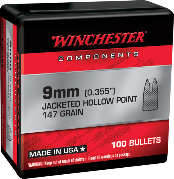 Winchester Ammo WB9JHP147X Centerfire Handgun Reloading 9mm 147gr Jacketed Hollow Point 100 Per Box/10 Case